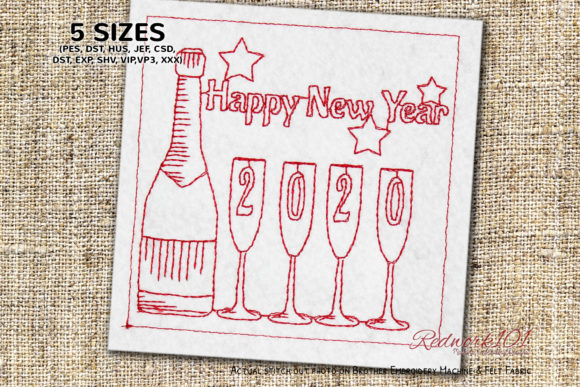 Bottle of Sparkling Wine 2020 New Year Embroidery