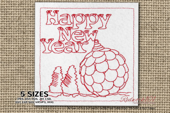 Happy New Year Baubles Redwork Embroidery